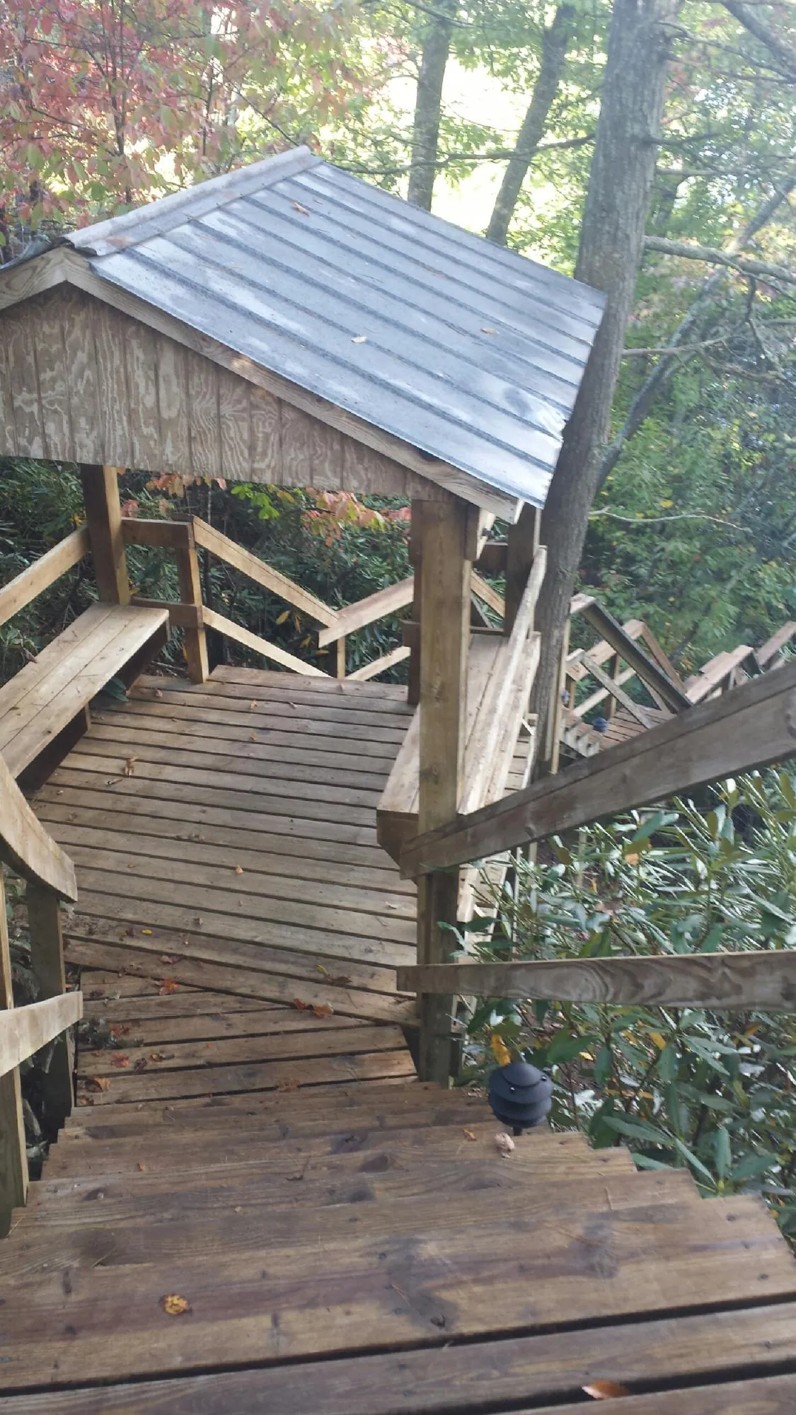 Metal roofed shelter over wooden steps on a wooded walkway — Skylight Repair & Installation work by our crew in Galt